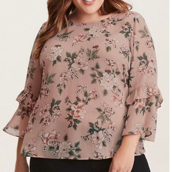 Torrid size 2X dusty rose FLORAL PRINT CHIFFON RUFFLE BELL SLEEVE STRAPPY blouse - Picture 10 of 10